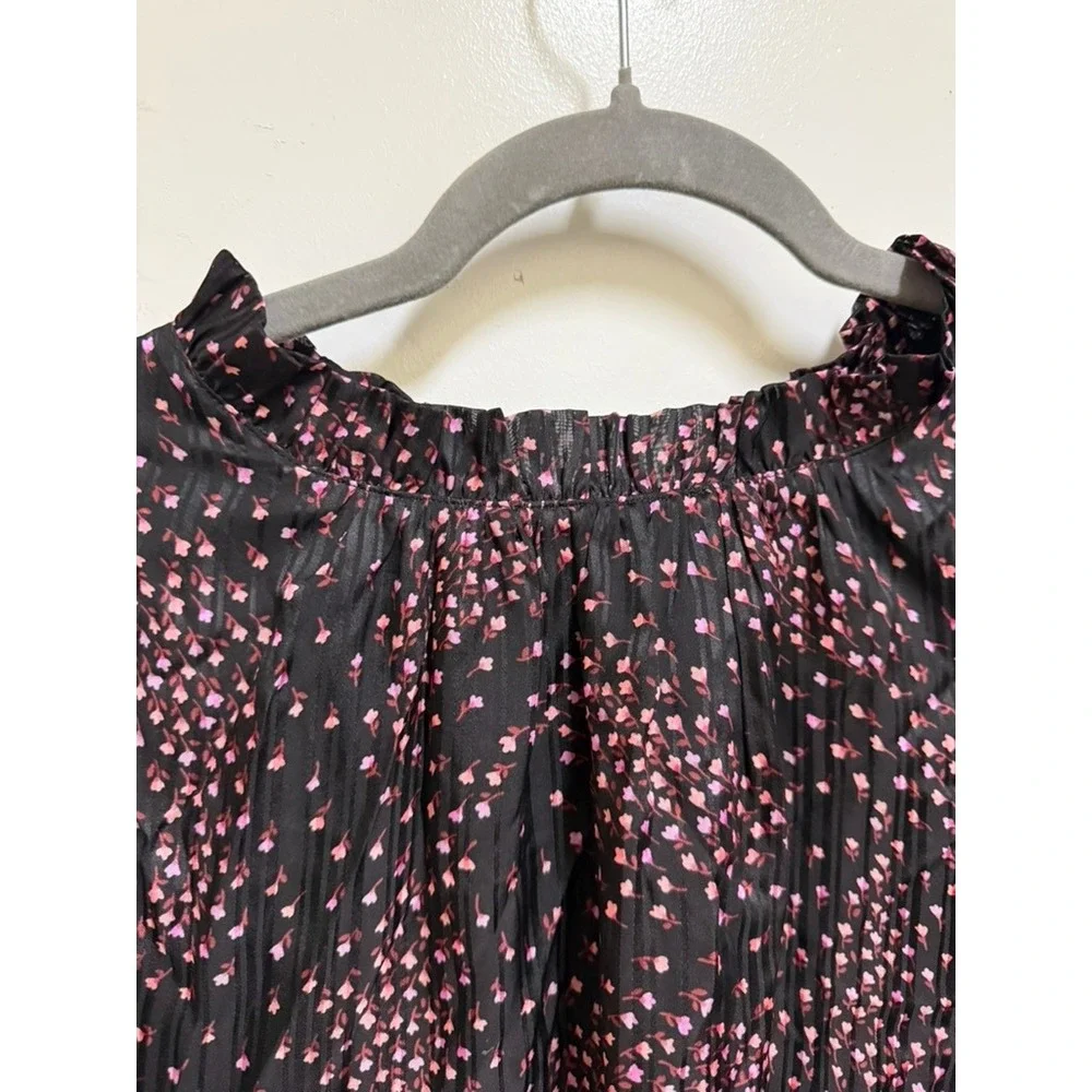 Kate Spade New York Meadow Floral Silk Blend Smocked Neck Tie Back Top‎ Black 10